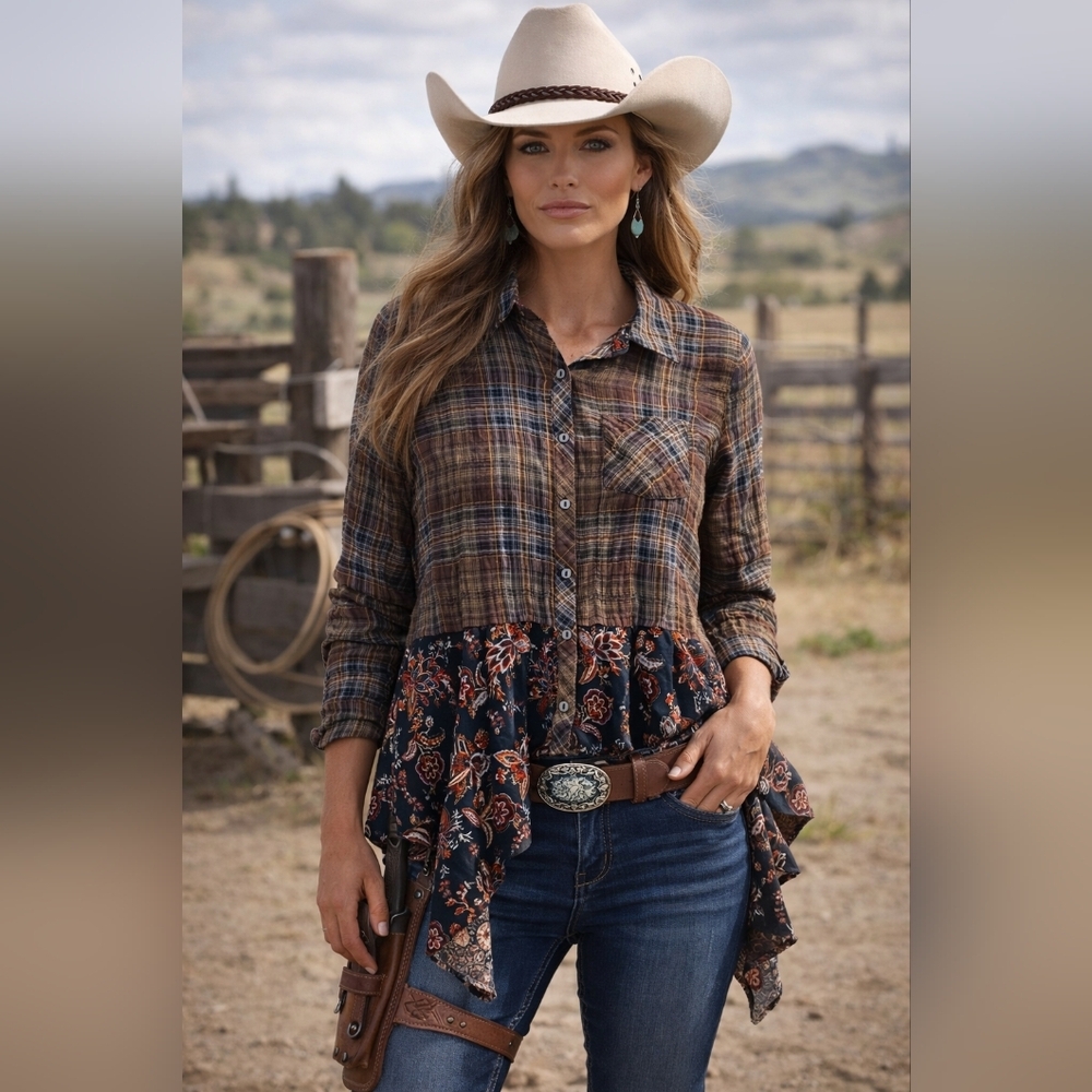 Chic Plaid and Floral Button Down Shirt